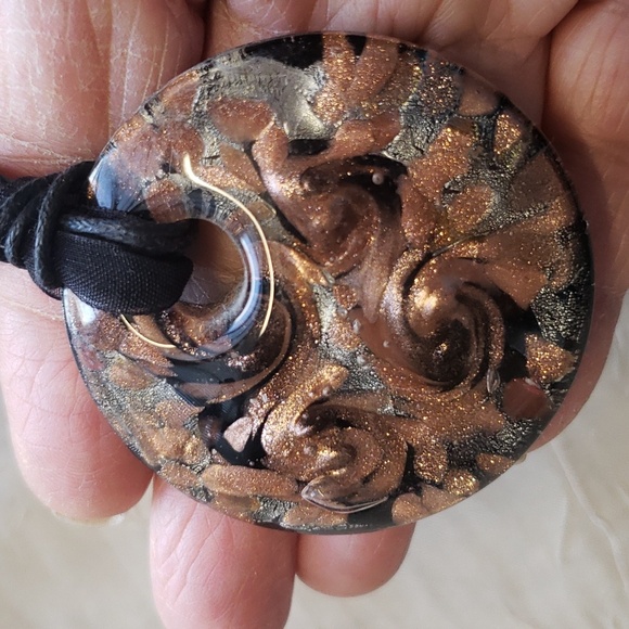 Vintage Hand Blown Glass Pendant Necklace, Sparkling Brown Gold Black Bronze. - Picture 4 of 9